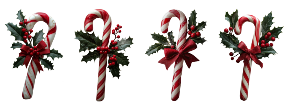 Christmas candy canes with holly and bow. on transparent background