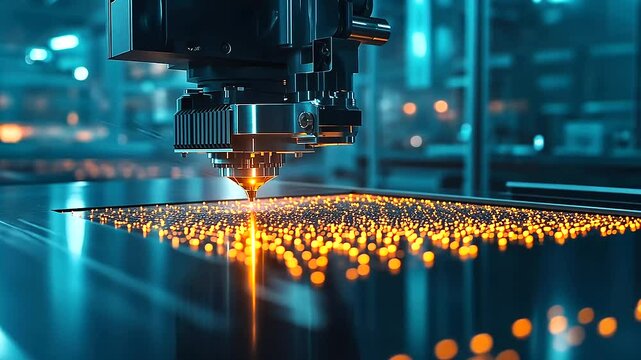 Inside a high-tech factory, a DMLS (Direct Metal Laser Sintering) 3D printer is shown producing a detailed metal component, with bright laser beams reflecting off the sintered surf