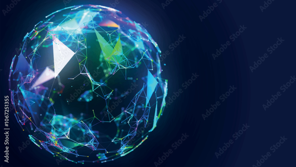 Poster abstract 3d sphere of neon dots and stripes. sphere of dots and lines on dark background. global net