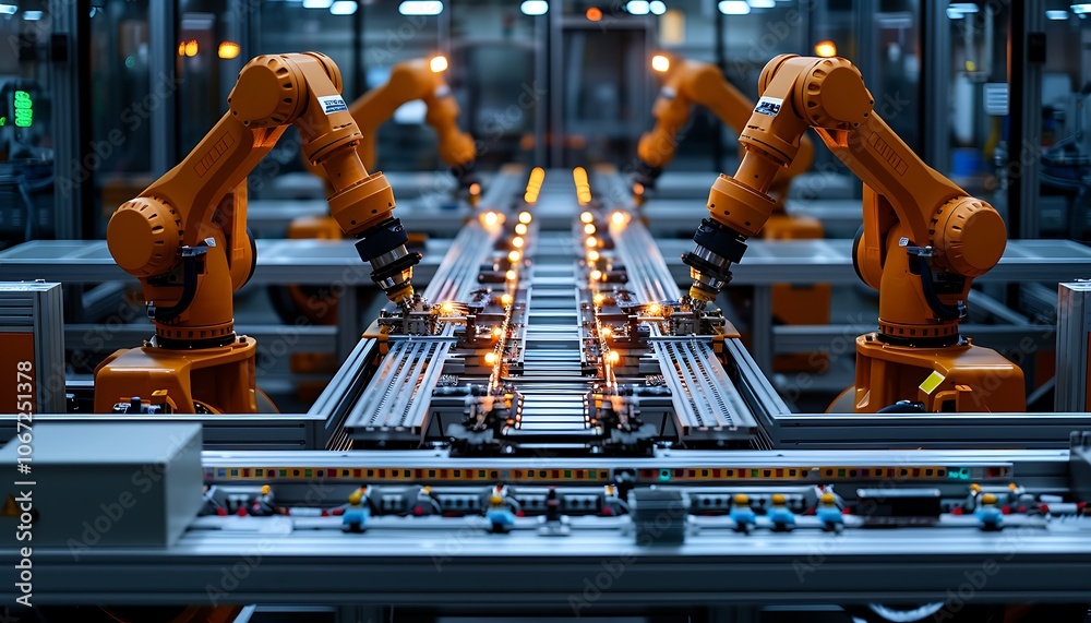 Leinwandbilder a high-tech manufacturing line featuring robotic arms assembling products with precision in a modern