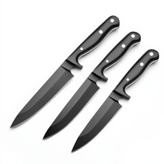 Obraz premium The image shows three identical black-handled kitchen knives with sharp blades, arranged in a row. The knives have ergonomic handles with three rivets each, designed for durability and comfort