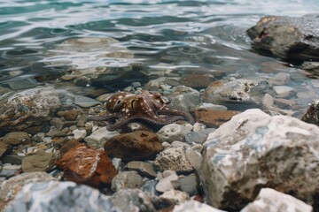 Obraz premium An octopus blends into rocky shallows along a tranquil shoreline, displaying its mimicry skills in the serene, clear water.