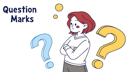 Thoughtful girl question marks vector illustration.
