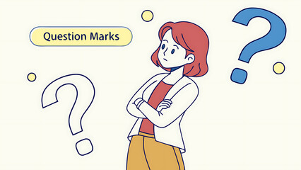 Vector illustration of a girl with red hair looking up at large question marks.
