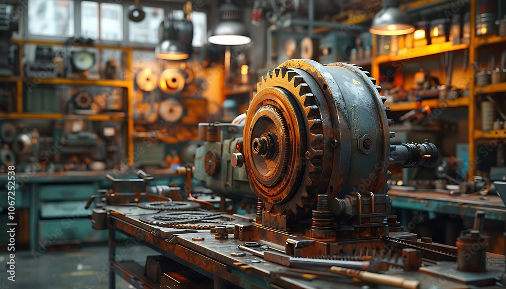 Aufkleber A well-lit workshop featuring an intricate mechanical device surrounded by various tools and equipment, showcasing a blend of vintage industrial aesthetics.