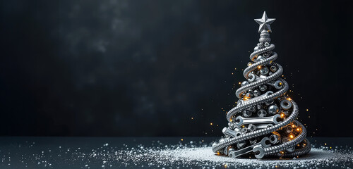 Christmas tree made of wrenches decorated with balls on a black background. New Year banner with tools. Postcard with place for greeting text for happy new year with industrial holiday concept.