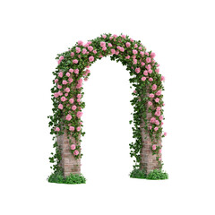Brick archway covered in pink roses