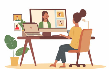 Online meeting, video conference with diverse group of people on monitor screen. Woman chatting online. Work or study remotely.	
