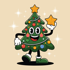 Fun cartoon illustration of a cheerful Christmas tree character holding a star, decorated with ornaments and lights, on a beige background.  
