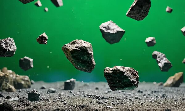 swarm of asteroids isolated on green screen background