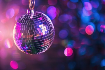 Obraz premium Vibrant disco ball with colorful bokeh lights in background