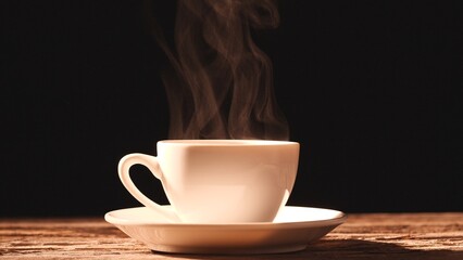 Coffee cup, Espresso, Americano, Black coffee. Close-up steam rises from cup of coffee with morning sunlight on old, vintage wood table, dark background. Concept breakfast, hot drink.