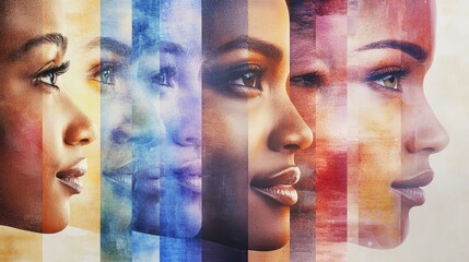 Abstract portrait of a woman's face artfully depicted with vibrant, multicolored lines forming captivating visual.