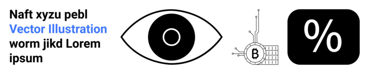 Eye symbol, Bitcoin circuit connection, percentage symbol in black square. Ideal for finance, marketing, technology, cryptocurrency, data analysis, graphic design, educational materials. Landing page
