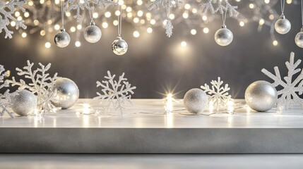 3D-Rendered White empty Podium decorated with silver xmas ornaments