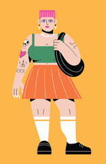 Bold modern fashion illustration of a confident young woman with tattoos, wearing a green top, orange skirt, and pink hair.  
