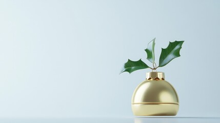 golden christmas bell with green leaves isolated on white