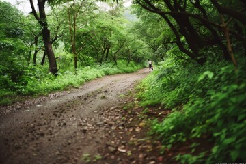Obraz premium A narrow path winds through a lush green forest, with a solitary figure walking in the distance under the arching canopy of trees.
