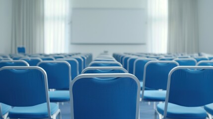 Fototapeta premium Empty conference room with rows of blue chairs and whiteboard for presentations