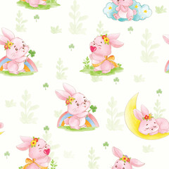 Seamless pattern of playful pink bunnies in various poses with nature elements on a white background,