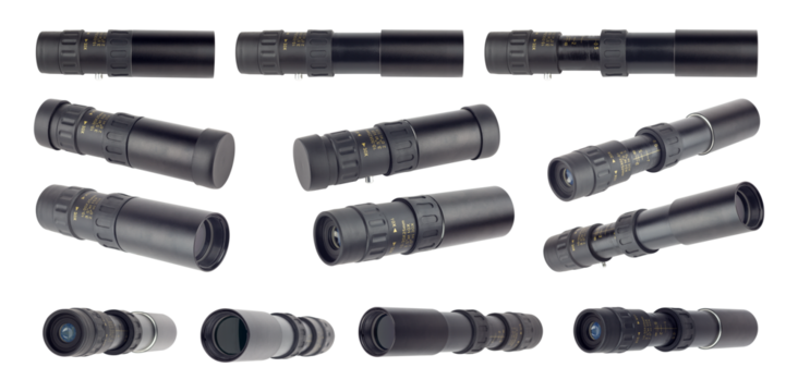 set of retractable optical monocular, observation sight, isolated from background