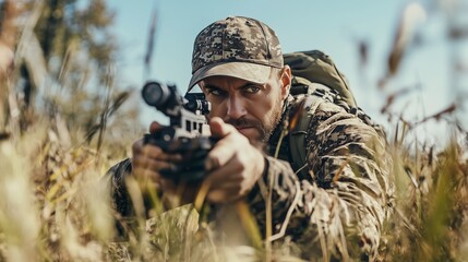 Obraz premium A man in camouflage clothing kneels in tall grass while aiming a rifle during a hunting expedition in the woods on a sunny day