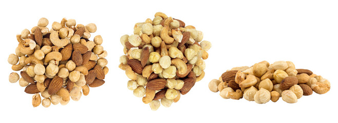 set of assorted nuts. Cashew, migdal and hazelnut. Isolated from background