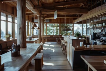 Fototapeta premium A rustic, wooden café interior with warm tones and natural light streaming through large windows, exuding a cozy and inviting atmosphere.
