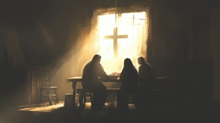 Silhouetted figures engaged in a spiritual exchange.
