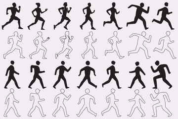 Running icon set with outline. Running, athletic logo design, group of running people.