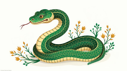 Obraz premium Illustration of green snake zodiac sign with with floral ornament on white background, symbol new year