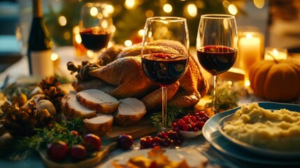 Fototapeta premium Festive Thanksgiving Dinner with Roasted Turkey and Wine