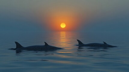 SEALs in Water - Silhouettes of SEALs in calm water, reflecting the early morning light and the distant sun rising.