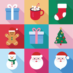 Fototapeta premium Flat Christmas icons featuring gifts, Santa Claus, gingerbread men, stockings, a Christmas tree, and a mug of hot cocoa with candy canes. 