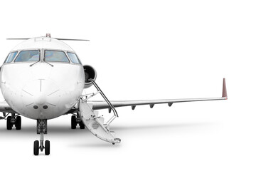 Front view of the business jet with an opened gangway isolated