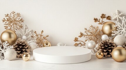 3D-Rendered Golden Christmas Podium decorated with Ornaments and Decorations. Luxry Stage