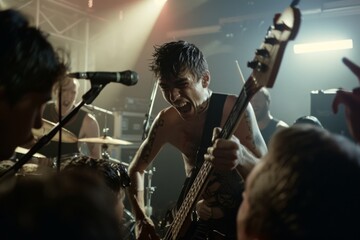 An intense punk rock concert scene, where the lead guitarist commands the stage with raw energy and passion, surrounded by an enthusiastic crowd.