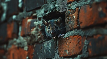 
A close-up of a mouse peeking out from a small hole in a brick wall The image represents curiosity and wildlife in urban settings