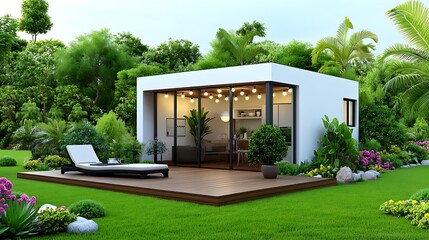 Tropical Patio With Deck, Lights, and Greenery