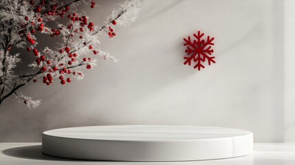 3D-Rendered White Christmas Podium with xmas ornaments and snowflake