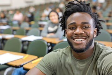 Fototapeta premium Smiling student in college classroom engaging in learning environment