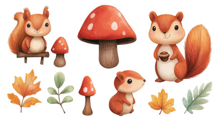 Whimsical Squirrel Gathering Autumn Leaves Mushrooms Playful Illustration Isolated on white background or PNG