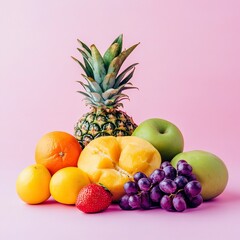 photo of fresh fruits good looking fresh, fruits, delicious, creative, advertisement, pink background, artistic. front view photography.generative ai