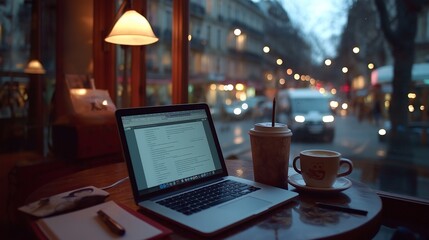 language student practicing vocabulary on a laptop in a cozy cafe, with a notebook, pen, and cup of coffee