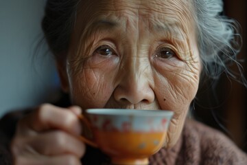 A serene moment captures an elderly woman with a weathered face sipping tea, embodying wisdom and tranquility in quiet reflection.