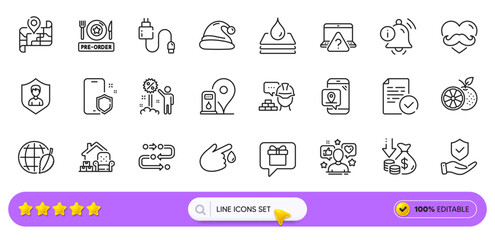 Methodology, Information bell and Pre-order food line icons for web app. Pack of Environment day, Blood donation, Map pictogram icons. Packing things, Security agency, Phone protect signs. Vector