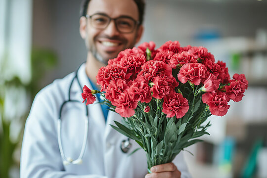 a doctor smiling while holding a bouquet of red carnations.