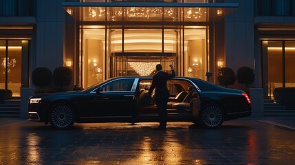 chauffeur service driver holding open the door of a sleek black limousine for a client