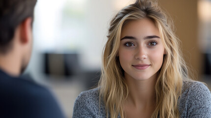Fototapeta premium Caucasian business woman talking to colleagues at a meeting or job interview