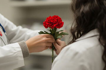 a nurse pinning a red carnation on a doctors coat as a symbol of honor.